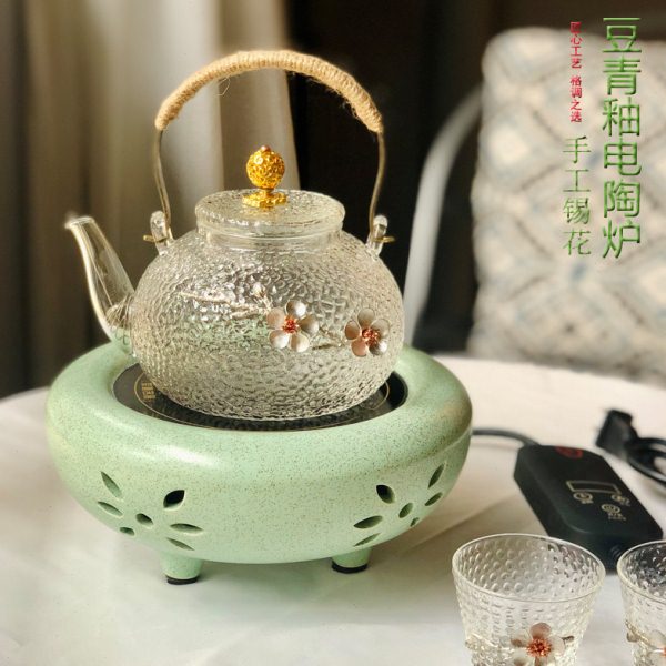 友悦苑陶瓷电陶炉煮茶器茶壶手工锡花锤纹玻璃烧水壶五朵金花茶炉