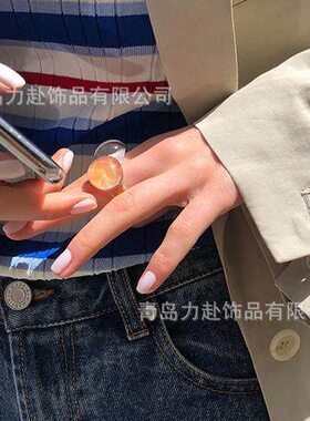半圆弧形立体玻璃戒指白色穿搭时尚指环琉璃多色食指环透明戒