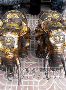 铜器铜大象一对 复古鎏花铜大象 大象象家居饰品摆件招财