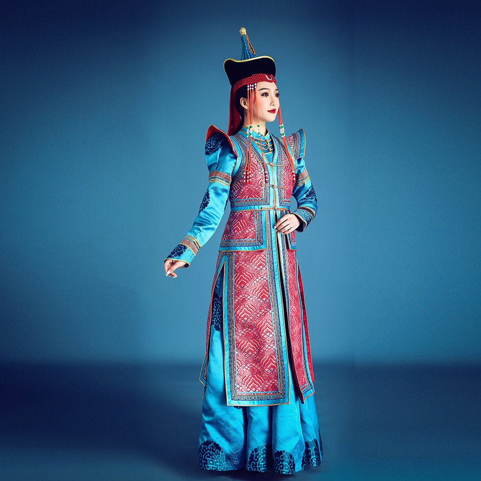 蒙古盛装高端定制泡泡袖新款马甲加蒙古袍演出服民族风舞蹈服饰