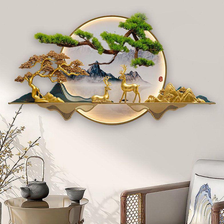 新中式客厅沙发背景墙装饰壁饰带灯迎客松挂画圆形茶室玄关壁画