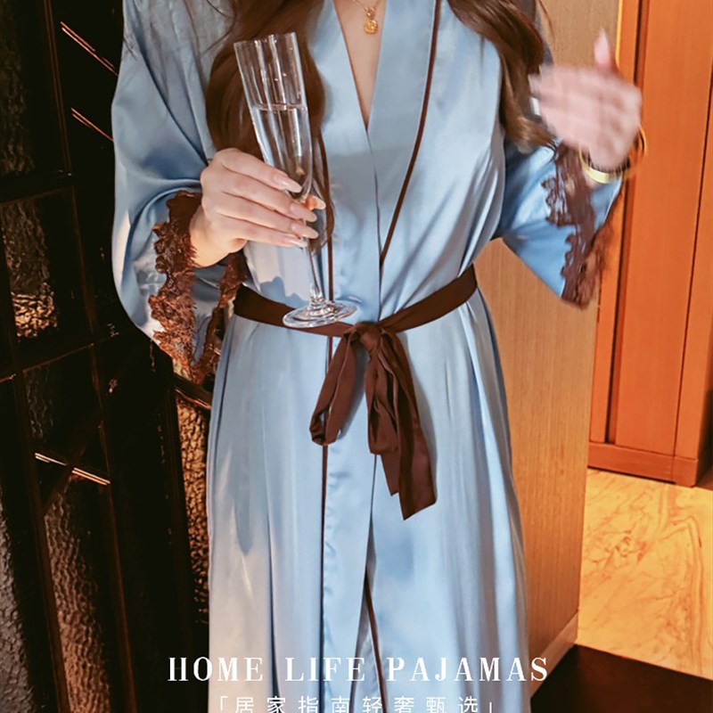 法国经典覆古无障碍豪华冰川蓝色冰丝绸丝绸和缎子睡衣吊带睡衣睡