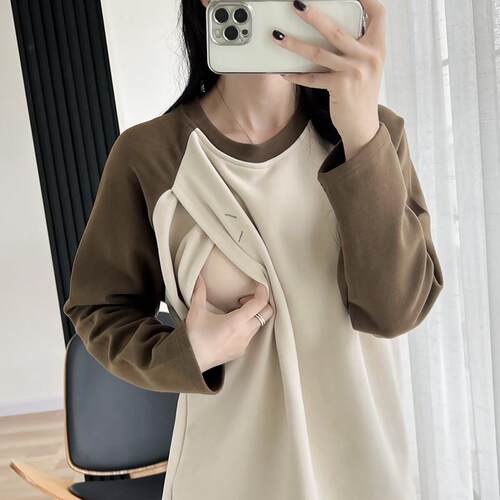 产后哺乳衣春秋外出穿辣妈款哺乳上衣T恤哺乳期秋冬款内搭打底衫