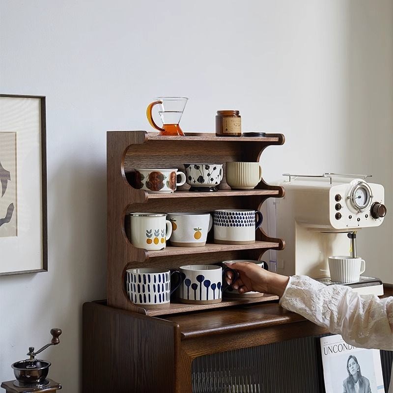 黑胡桃木置物架马克杯收纳架茶具收纳多层架子桌上咖啡杯展示架子