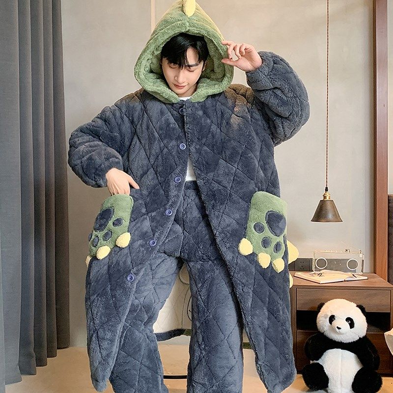 秋冬季珊瑚绒男士睡袍加厚冬天三层夹棉睡衣青少年卡通男生家居服