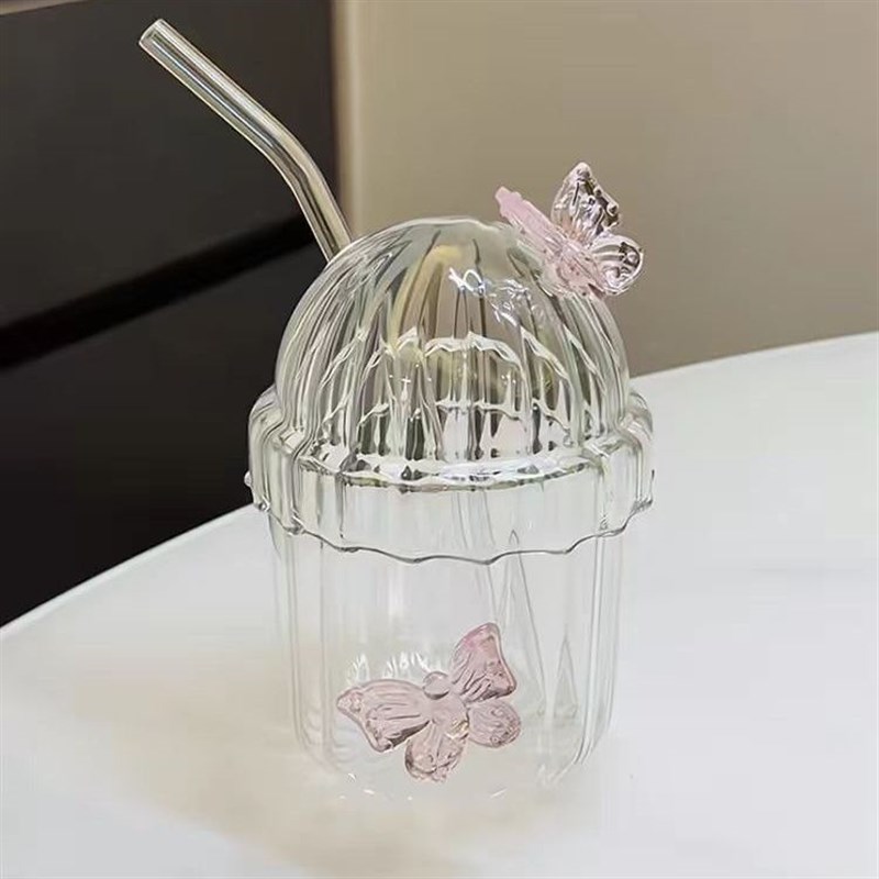 蝴蝶可爱爆款吸管玻璃杯粉色夏季果汁杯子牛奶水杯居家玻璃杯