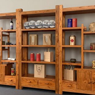 老榆木博古架实木中式茶叶展示柜办公室简约书架客厅隔断置物货架