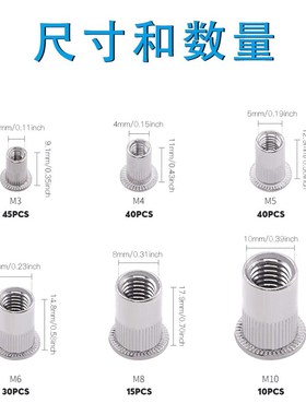 180pcs304不锈钢公制M3~M10平头竖纹铆螺母拉铆螺母跨境盒装套装