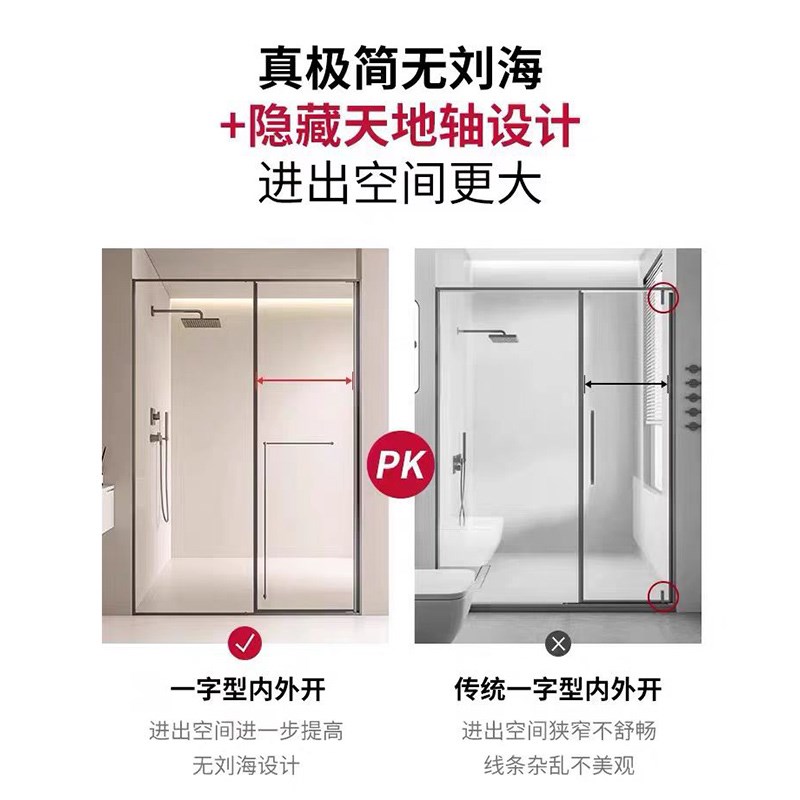 极简淋浴房玻璃平开门一字型卫生间干湿分离隔断窄边框下沉式浴屏