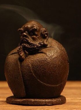 纯铜手工仿古实心紫铜茶宠小物件 达摩参禅倒流香 茶道小摆件