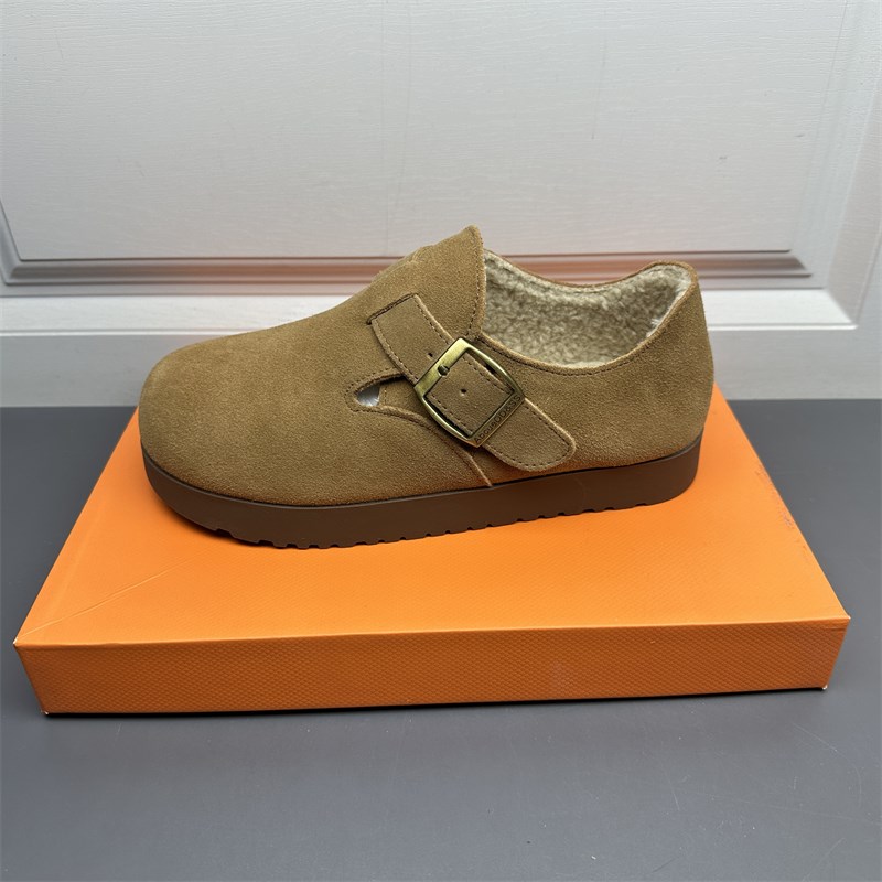 断码处理磨砂牛皮勃肯鞋女秋冬加绒厚底毛毛鞋一脚蹬短筒雪地靴