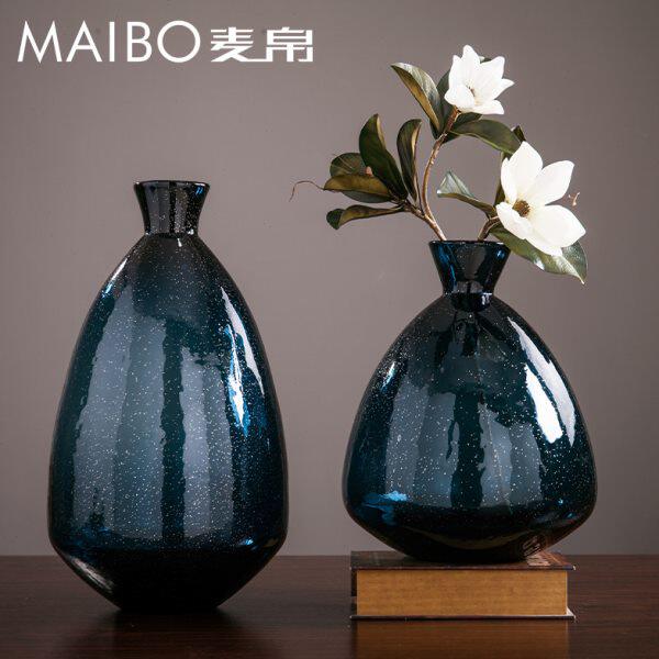 简约现代蓝色琉璃花瓶轻奢室内餐厅客厅落地玻璃花器摆件样板装饰