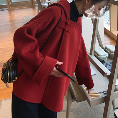 红色连帽双面羊绒大衣女2023年新款秋冬季短款小个子斗篷毛呢外套