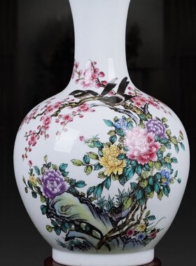 陶瓷器摆件花瓶客厅大号干花插花白色粉彩瓷瓶酒店柜台工艺品摆设