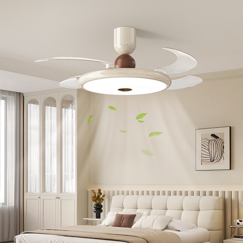 卧室风扇灯中h古风复古奶油风隐形吊扇灯胡桃木纹静音餐厅灯具