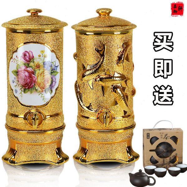 陶瓷净水器储水罐奢华陶瓷水缸家用带龙头过滤缸创意泡茶摆件水桶