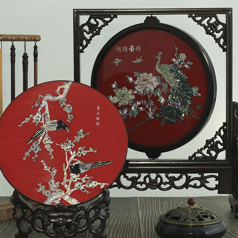 扬州漆器旋转台屏摆件彩螺工艺进宅礼品平磨螺钿外事商务礼盒屏风