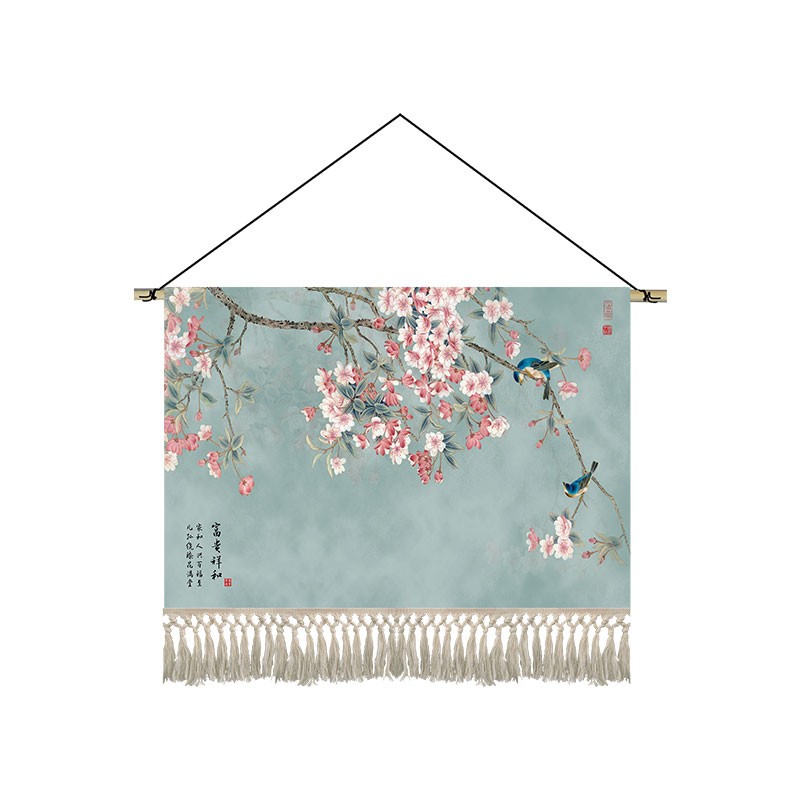 新中式轻奢花鸟挂毯布艺客厅卧室装饰画茶楼走廊壁画挂画遮挡布画图片