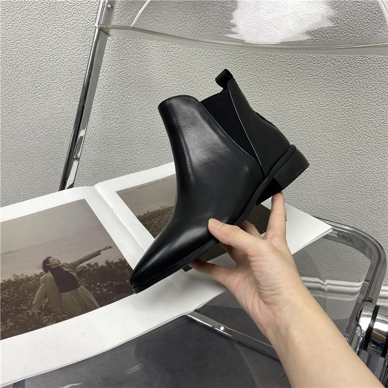 尖头切尔西靴女22秋季新款断码处理真皮女靴英伦风粗跟牛皮女短靴