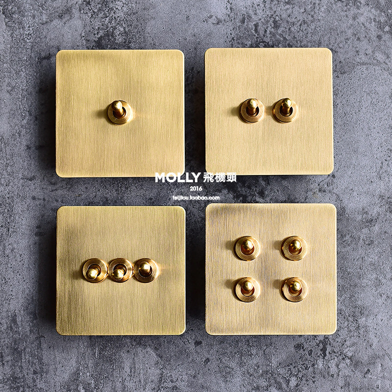 Molly飞机头86型复古多孔USB插座面板黄铜拨杆单双三四开双控开关