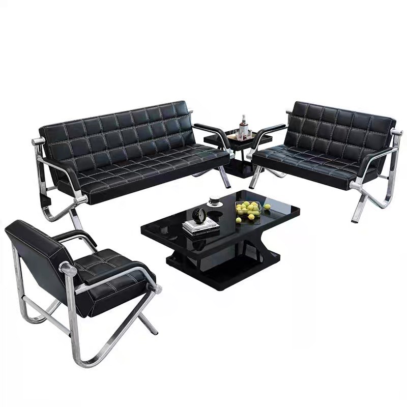 办公沙发茶几组合简约现代商务接待室会客不锈钢三人位沙发椅定制