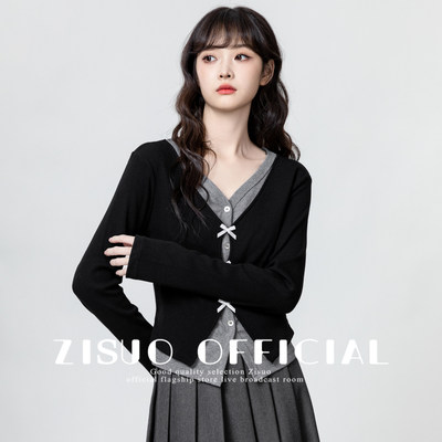 黑色假两件V领长袖T恤女2