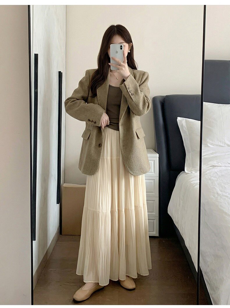 杏色百褶裙半身裙女2026新款春秋高腰a字遮胯纱裙小个子蛋糕长裙