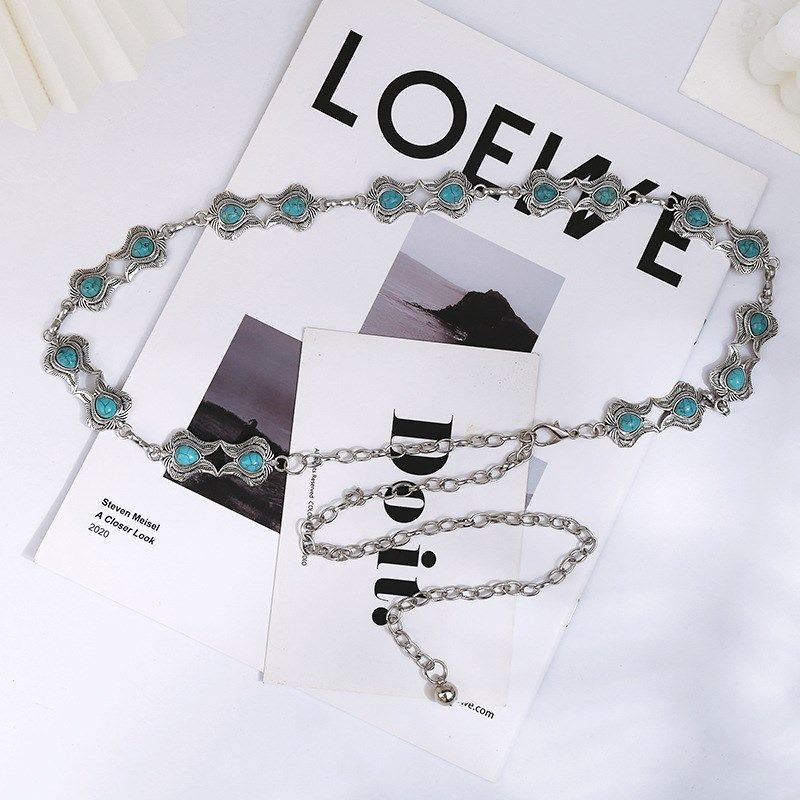 跨境欧美民族风时尚腰链女士装饰细腰带配连衣裙银色镂空压花链条