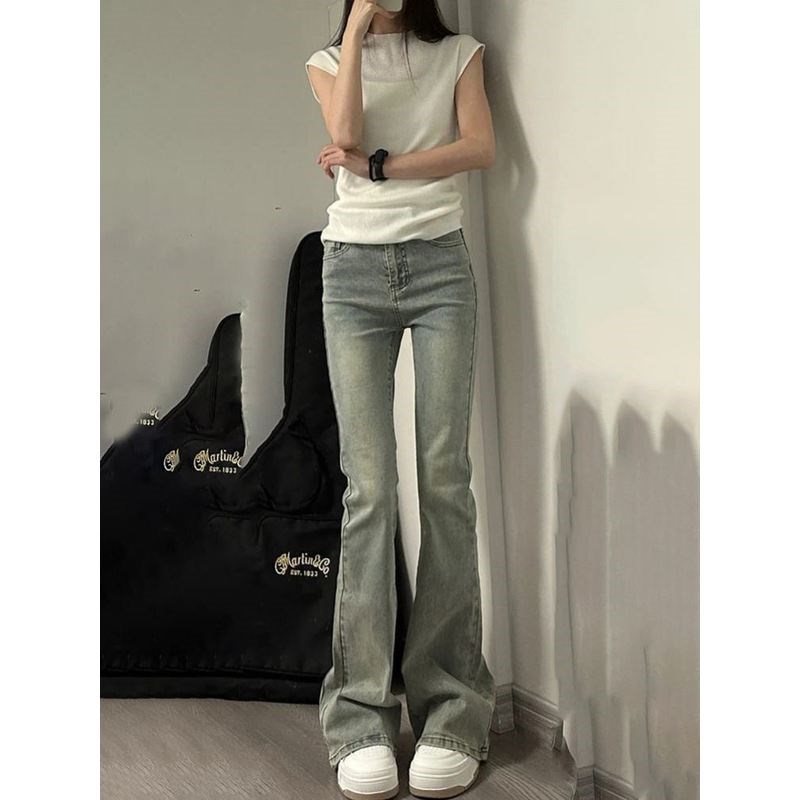 中大童装小个子怀旧黄泥旧做修身高腰喇叭裤新款牛仔裤女孩儿初中