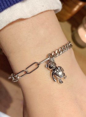 925银韩国复古小熊链条手链女个性简约双环圆环坦克链朋克手饰品