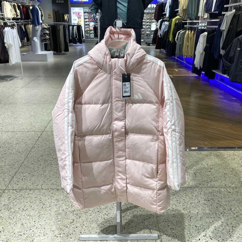 冬季新品ADIDAS阿迪达斯三条纹女款保暖休闲连帽长款羽绒服KC2484