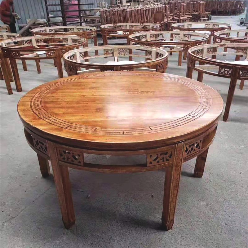 商用实木火锅桌椅木头串串桌电磁炉一体桌原木雕花圆形桌中餐桌