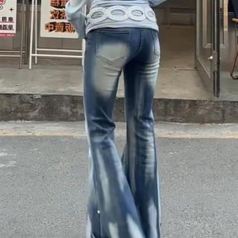 大码美式辣妹水洗做旧微喇牛仔裤女2025设计感修身显瘦垂感喇叭裤