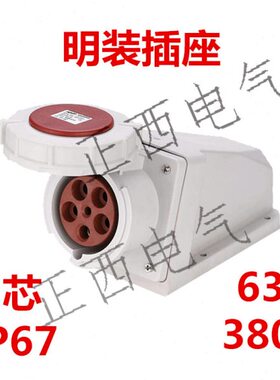63A 380V 防水工业插座 明装壁挂式插座 5P IP67 5芯 5孔三相五线