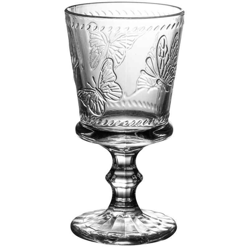 法式蝴蝶浮雕透明玻璃杯 水杯复古中古风饮料杯咖啡杯高脚红酒杯