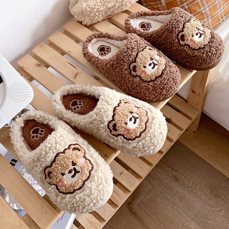 可爱卡通小熊棉拖鞋女冬季学生宿舍居家防滑保暖毛毛绒包头拖鞋男