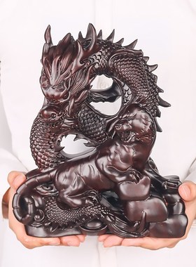 铁圈礼业黑檀盘龙卧虎摆件木雕木制木质动物书架办公室装饰品摆设