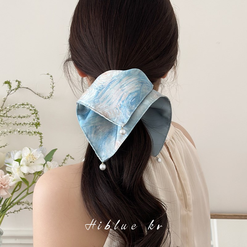 晕染蓝色方巾大肠发圈女夏天韩系布艺欧若风Q绑头发绳扎丸子头绳