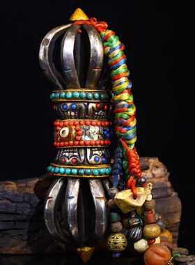 古玩收藏西藏古寺收老天铁彩绘镶嵌宝石天珠九股金刚杵法器摆件