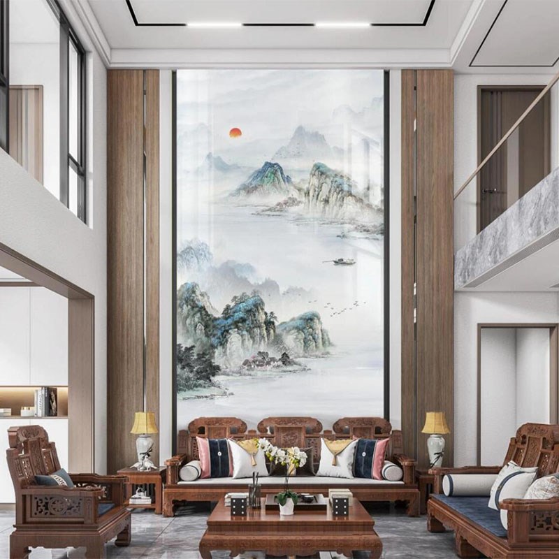 新款自建房客厅山水沙发电视背景墙简约大气N复式挑空挑高别墅岩