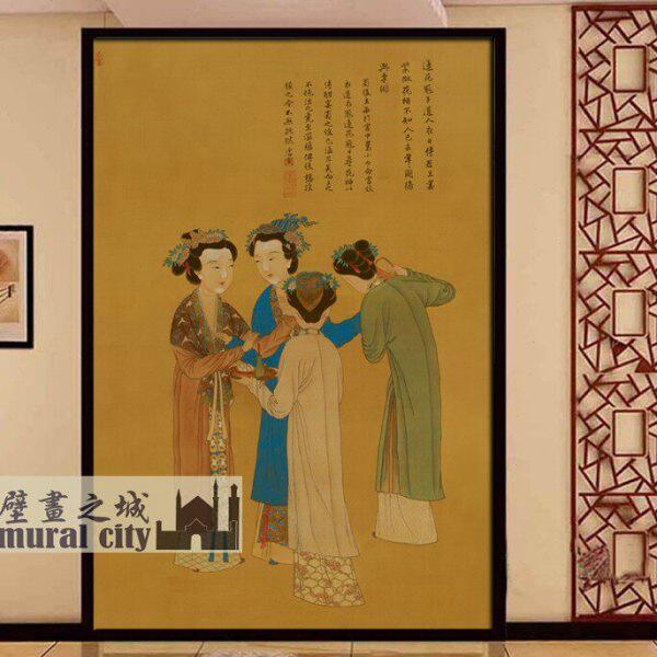 唐伯虎仕女画王蜀宫妓图壁纸明朝唐寅墙布古代美女墙纸人物背景画