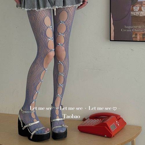 LET ME SEE 千禧辣妹y2k甜酷风蕾丝网袜 镂空蝴蝶结破洞打底女袜