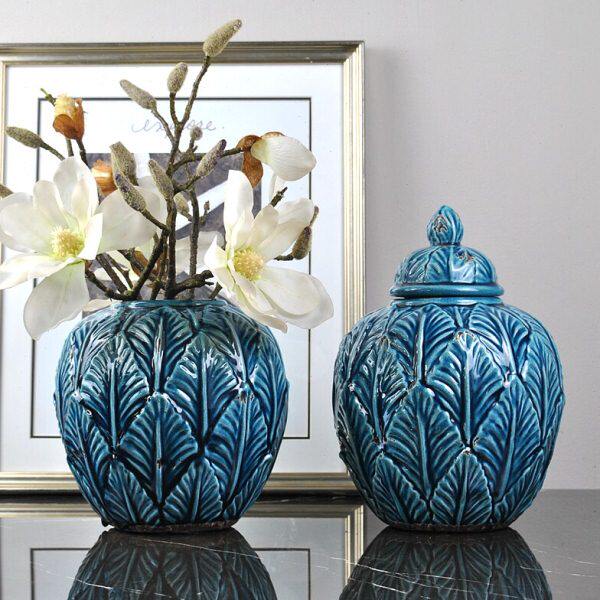 欧式古典风做旧蓝色叶子花纹提手水壶陶瓷花瓶储物罐家居桌面摆件