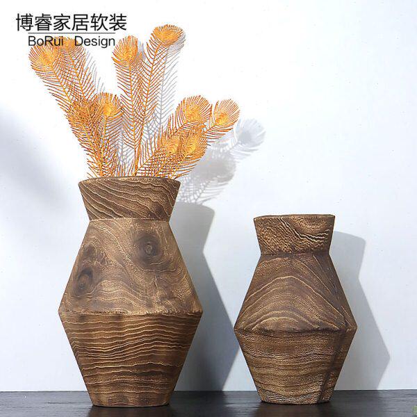 中式民宿花桶侘寂风实木花瓶家居复古怀旧艺术摆件样板间软装饰品