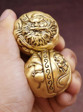 黄铜钟馗健身球实心文玩古玩健身手把件乾坤核桃把玩摆件配件握球