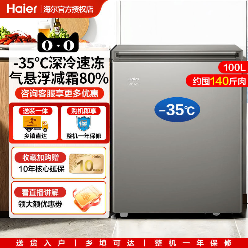 海尔100/200/300L冰柜小型家用商用冷柜冷冻冷藏两用低温一级能效