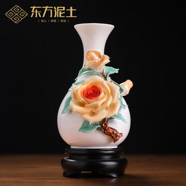 东方泥土香槟玫瑰花瓶新中式非遗手工陶瓷插花摆件客厅博古架装饰