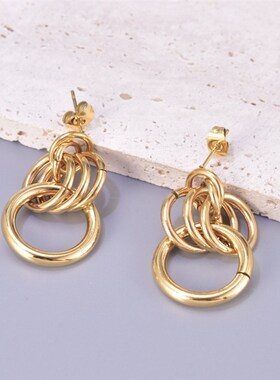 E141开口圈夸张钛钢耳环 女士18K金色耳饰环扣饰品复古风ins风