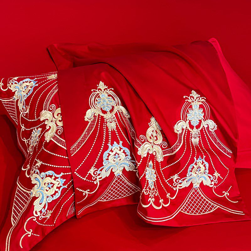 奢华结婚四件套红色长绒棉全棉婚庆床上用品婚房陪嫁床品