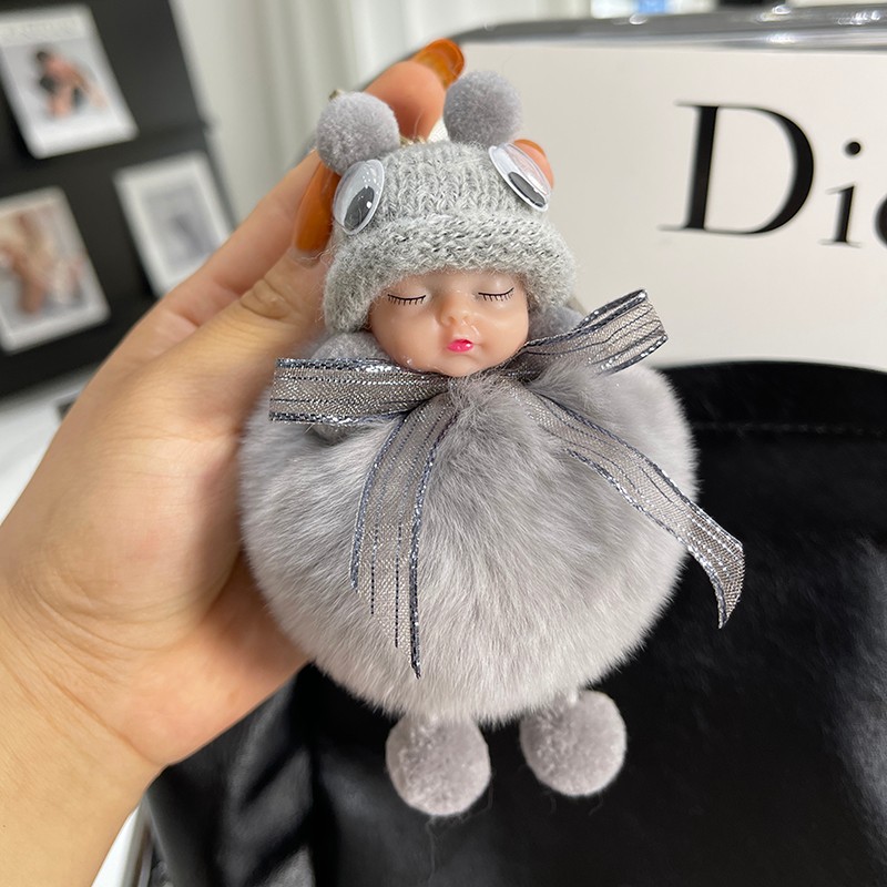 可爱獭兔毛睡梦娃娃汽车钥匙扣挂件网红毛绒公仔玩偶包包皮草挂饰